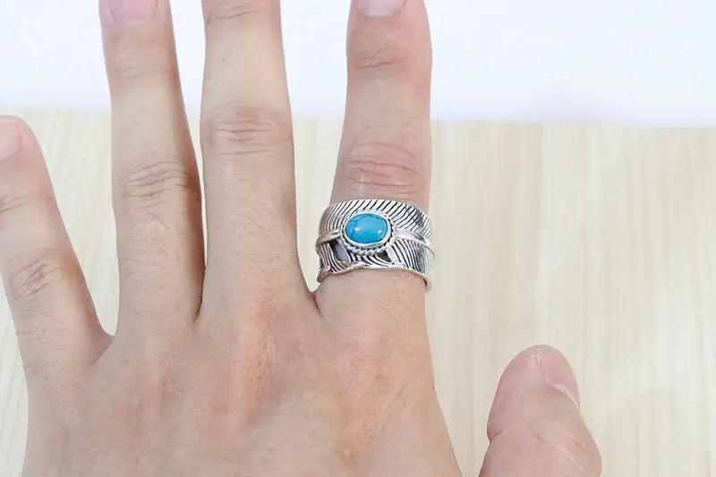 Японский уличный стиль кольцо из стерлингового серебра с бирюзовым пером и живым