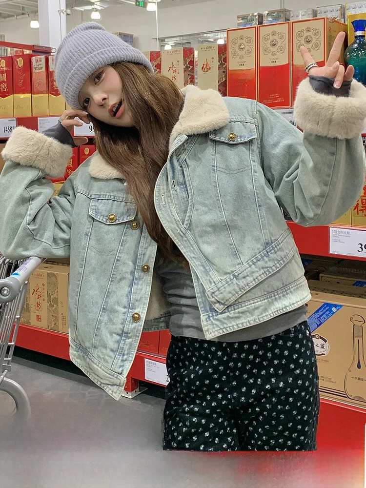 Синяя верхняя одежда из овечьей шерсти в стиле ретро женская зимняя новинка 2024