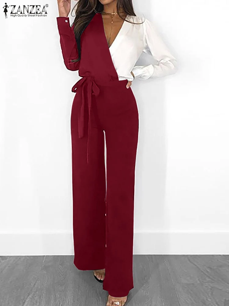 

Oversized Fashion Women Patchwork Jumpsuits ZANZEA 2022 OL Belted Long Sleeve Maxi Overalls Casual Solid Loose V Neck Playsuit 7
