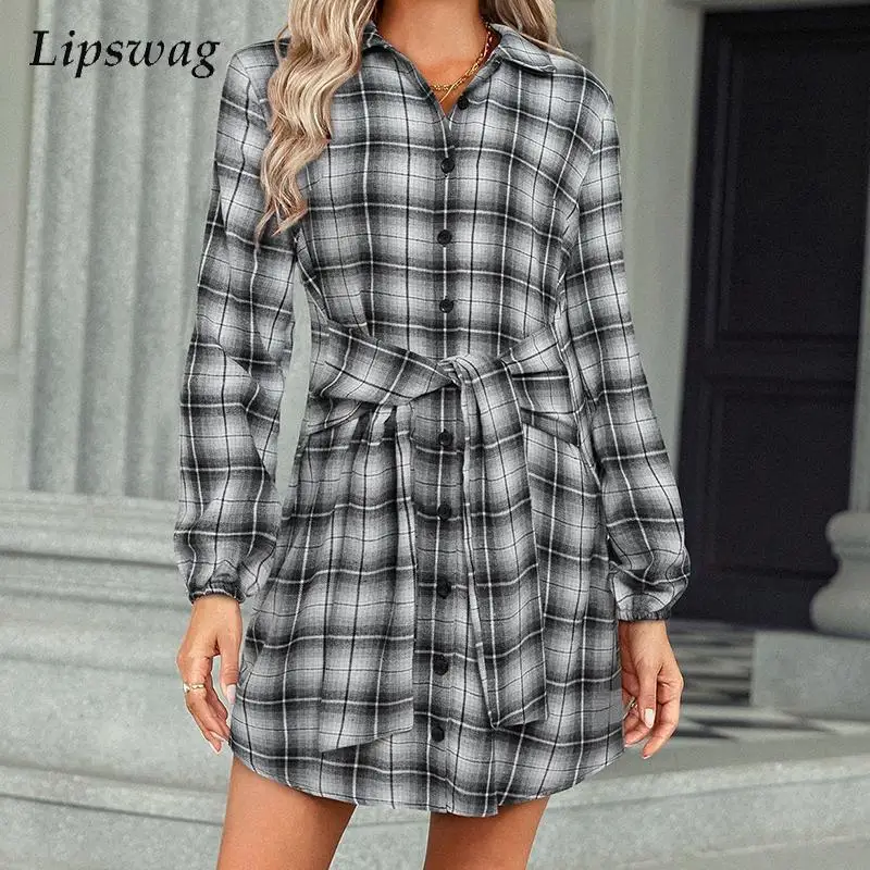 

Women Fashion Plaid Print Button Party Dress Elegant Long Sleeve Shirt Dress Ladies Sexy Turn-down Collar Lace-Up Mini Dresses