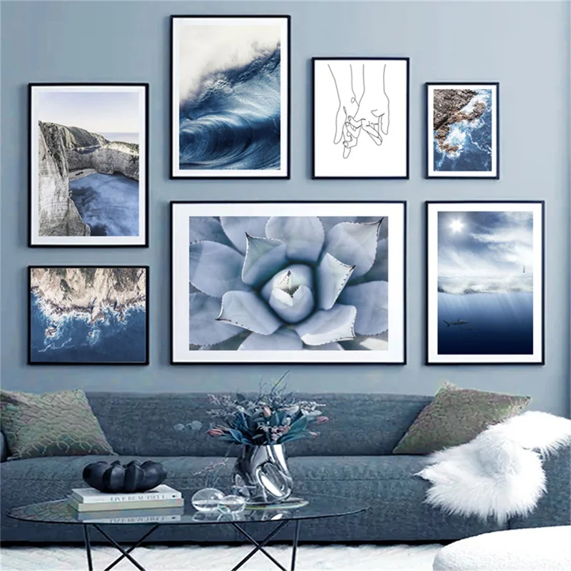 Настенный плакат с синими морскими волнами Декор картина минималистичное