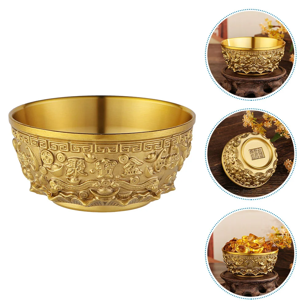 

Chinese Bowl Money Fortune Basin Wealth Desktop Treasure Adornment Decoration Offering Brass Gold