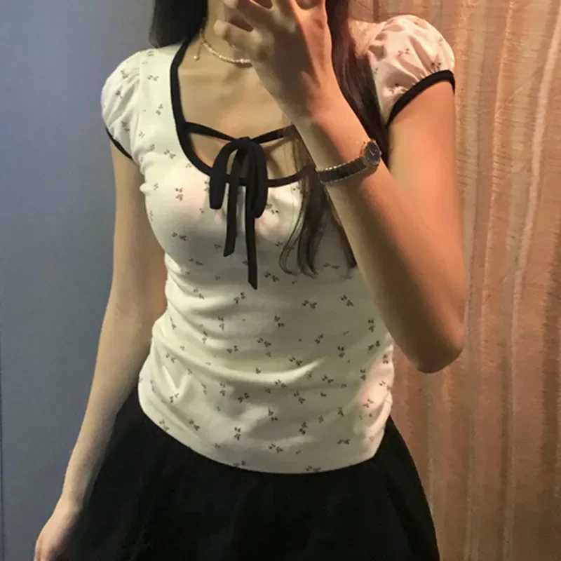 Y2K Bangage Футболка с оборками в стиле пэчворк кавайные женские гранж квадратным