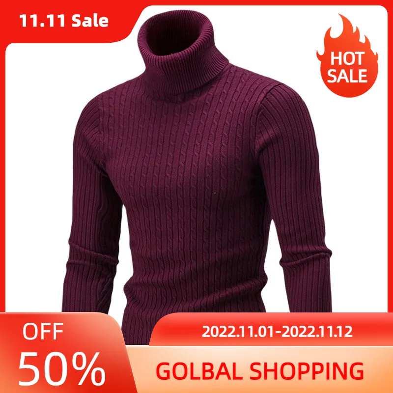 

LUCLESAM Men's Turtleneck Sweater Slim Fit Double Collar Knitted Pullover Winter New Male Casual Bottoming Jersey Basic Tops