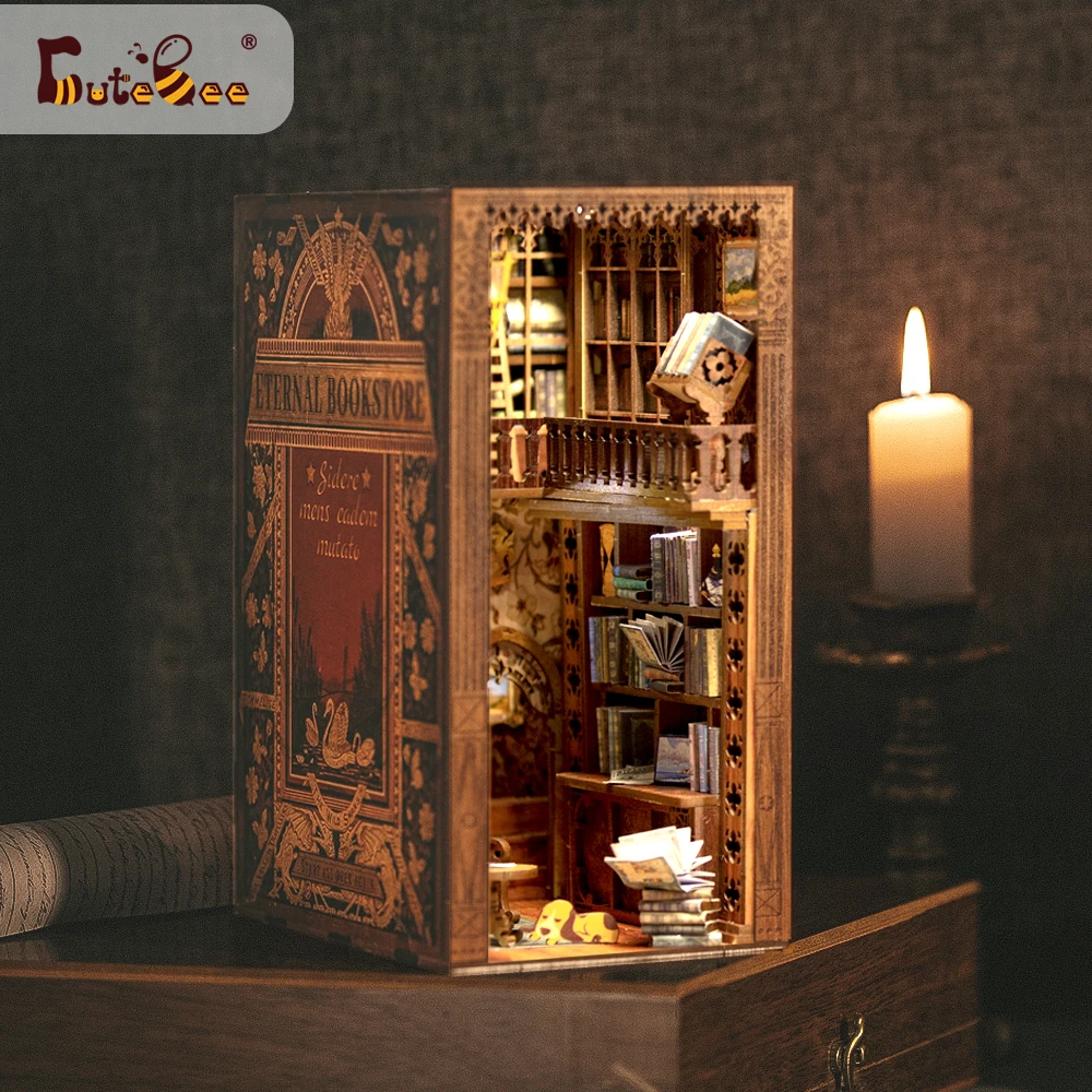 Cutebee DIY Book Nook Miniatures Shelf Insert Bookend Dollhouse Model Roombox Building Kit Wooden Bookshelf Toys Gifts 3D House