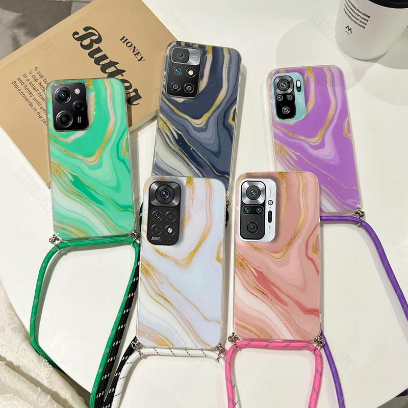 

Marble Silicone Lanyard Strap Phone Case For Xiaomi Redmi 9 10 9A 9C 10A 11A 12C 10X K40 K40 Pro K50 Soft Cover