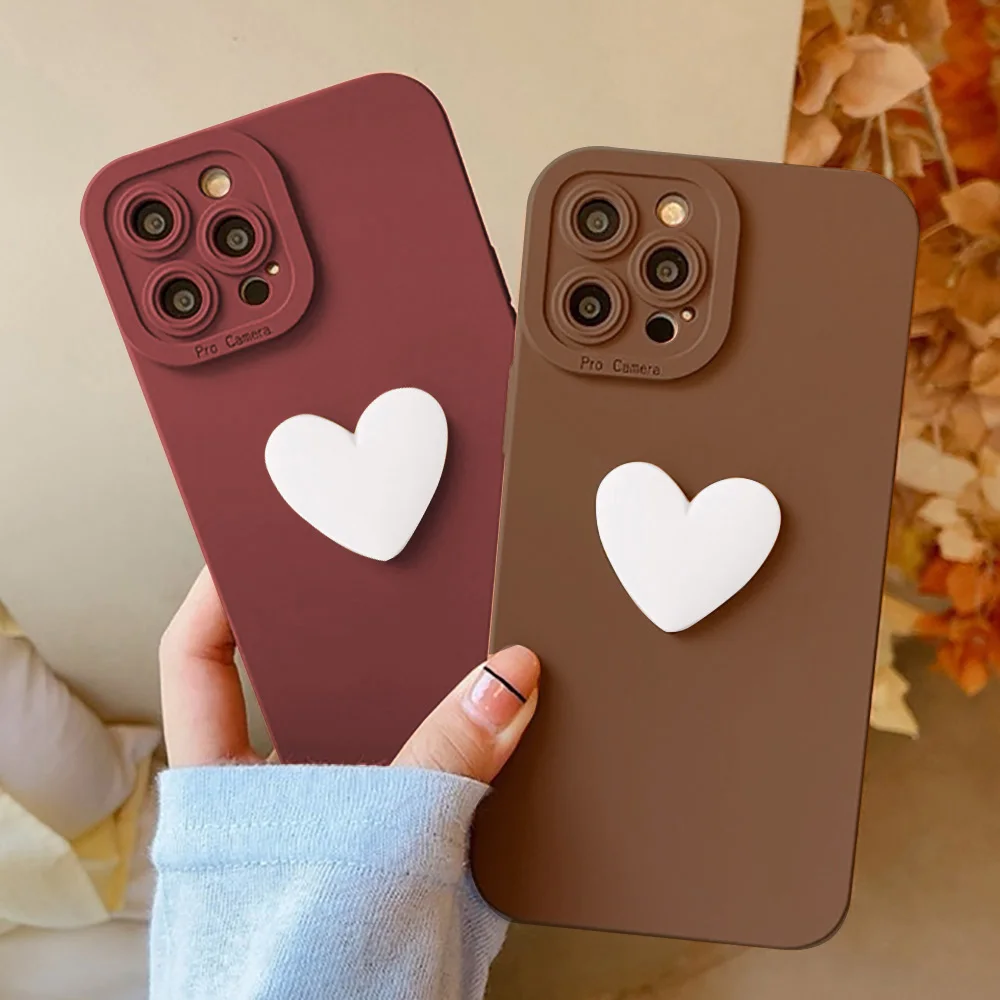 

Cute 3D Love Heart Case For IPhone 11 13 Pro Max 12 X XR XS 7 8 Plus SE 2020 10 Solid Color Soft Silicone Lens Protection Bumper