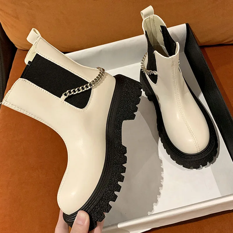 

Women Chain Chelsea Ankle Boots Flats Platform Casual Shoes 2022 Winter New Trend Chunky Running Shoes Ladies Hiking Snow Botas
