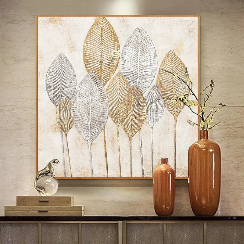 

Pure hand-painted Oil Painting Modern Living Room Light Luxury Gold And Silver Leaf Paintings Restaurant Entrance Hallway Aisle