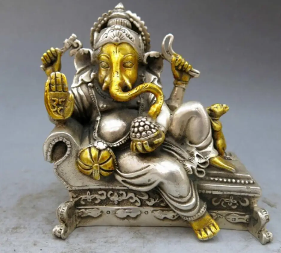 

12cm Tibet silver gild handwork carved beautiful Elephant Trunk buddha Statue