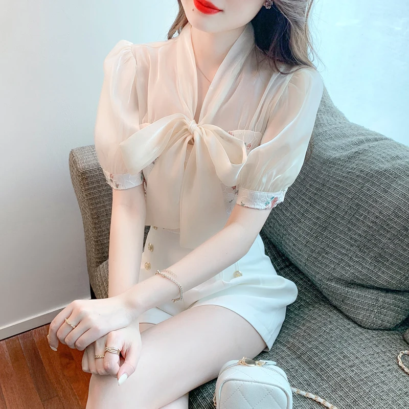 

Summer Women's Short-Sleeved French Patchwork Gauze Western-Style Lace-Up Bow Chiffon Shirt Women Tops Shirts for Women C073