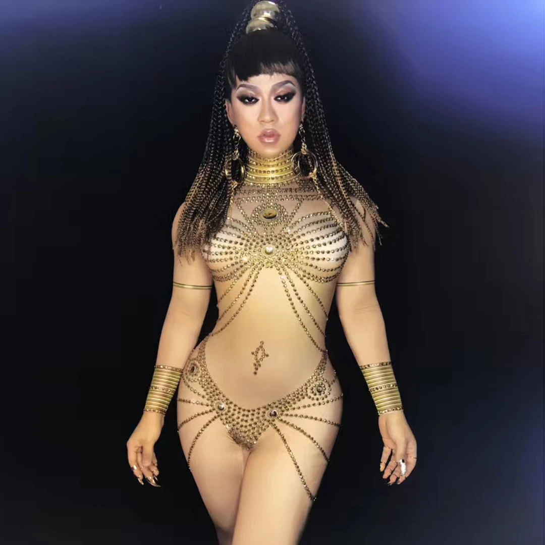Sexy Gold Rhinestone Nude Jumpsuit Party Birthday Outfits for Women Nightclub Singer Crystal Costumes Pole Dance Rave Costumes
