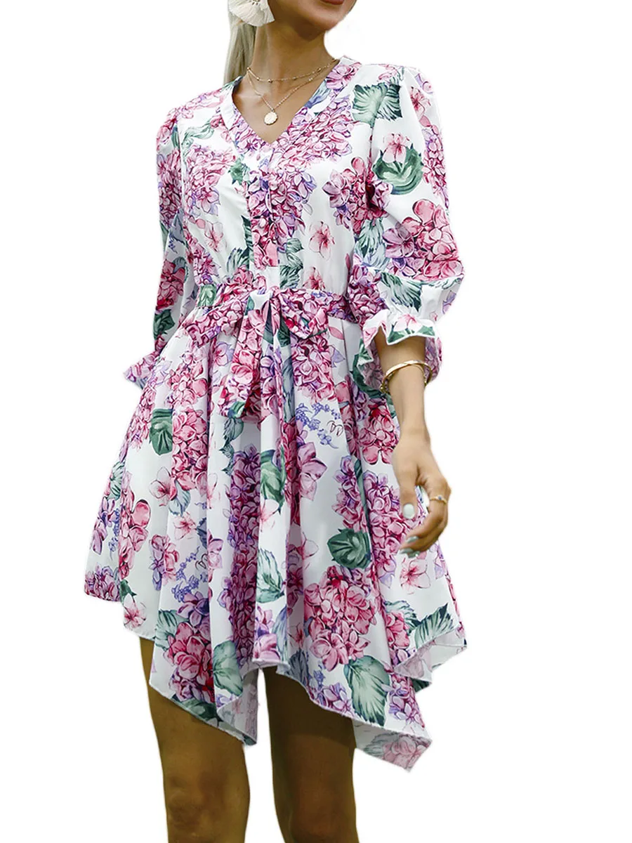 

Women Floral Print Summer Midi Dress Tie Up Vintage Long Sleeve Button V Neck A Line Flared Boho Beach Ruffle Sundress