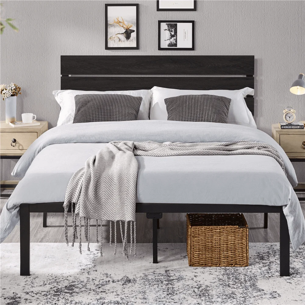 

Easyfashion Metal Bed Frame with Wooden Headboard, Black Oak, Full