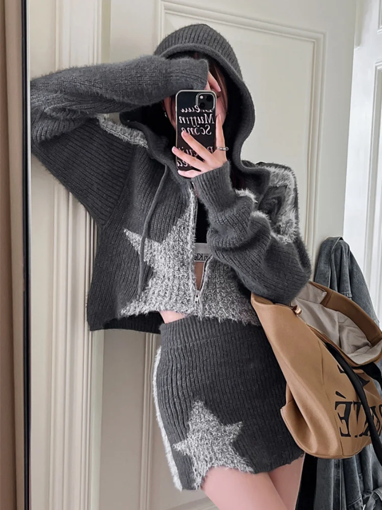 Женский винтажный укороченный свитер Y2K кардиган на молнии осенняя куртка с