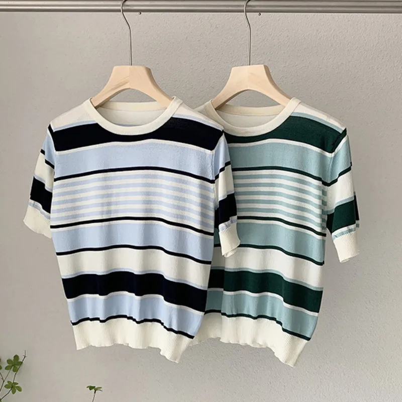 

Summer Stripe Women Knit T-shirt Round Neck Loose Short Sleeve Casual Green Knit Tops Fashion Chic Office Lady Pullovers 2022