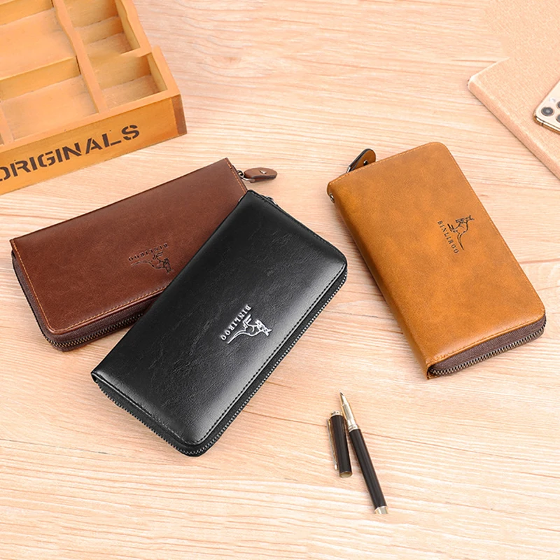 Men's Long Zipper Wallets High Quality Pu Leather Wallet for Man RFID Blocking Business Blue Clutch Bag Credit Card Holder Purse