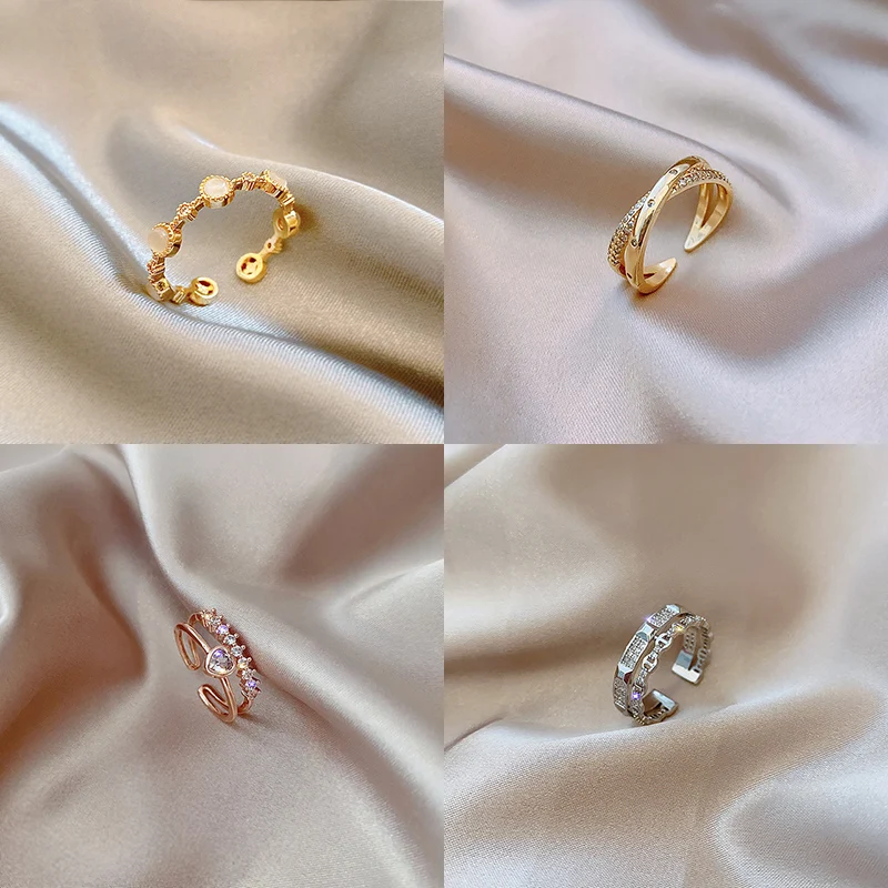 

Classic Women Crystal Open Rings Gold Silver Color Double Layer Pearl Zircon Joint Ring For Girls Korea Fashion Party Jewelry