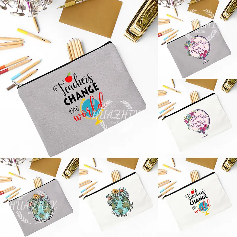 

Teacher Change The World Print Cosmetic Bag Supplies Storage Bags Travel Wash Pouch Pencil Case School Stationery Teacher Gift