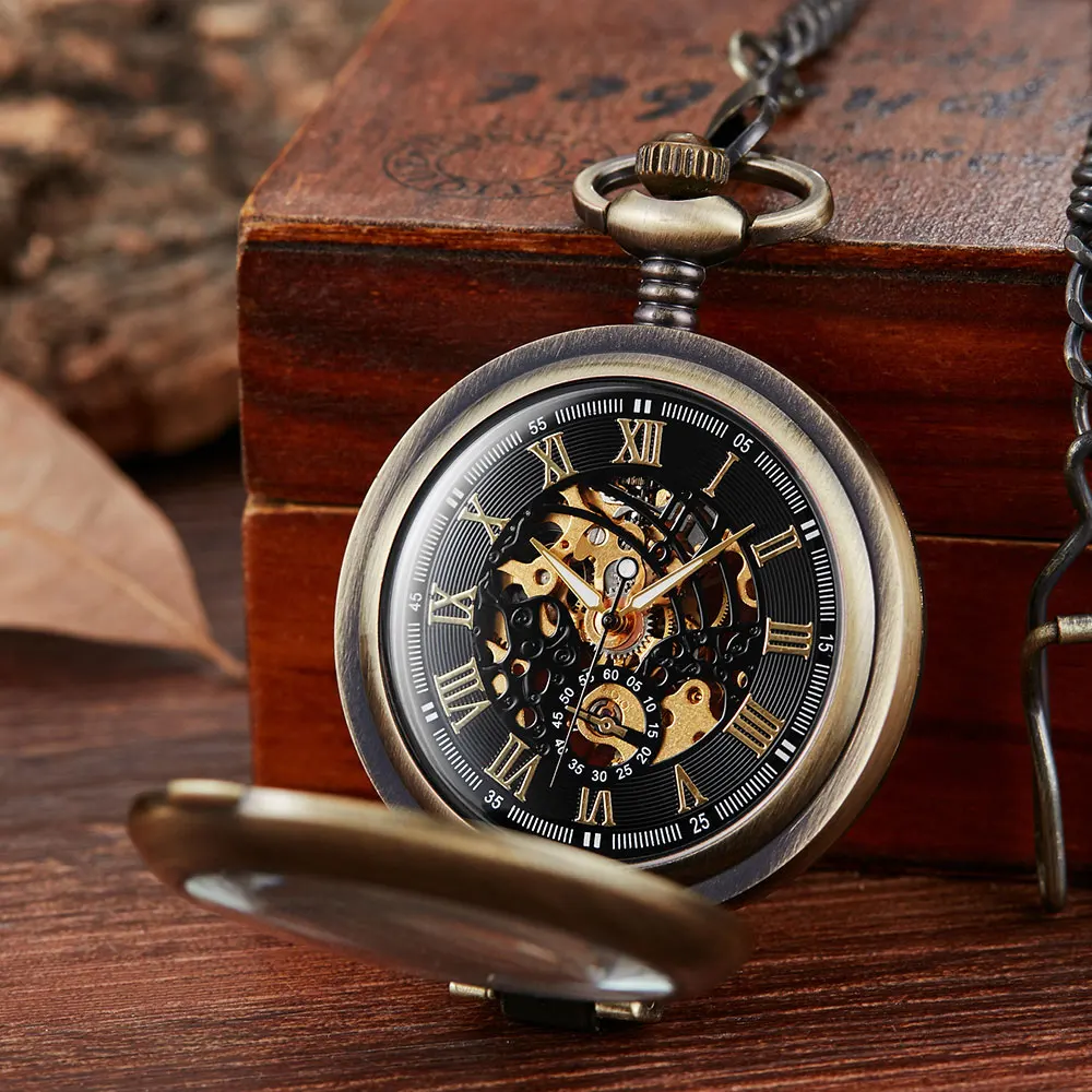 Vintage Retro Sculpture Tree Pattern Mechanical Pocket Watch Men Women Bronze FOB Hand Wind Roman Numerals