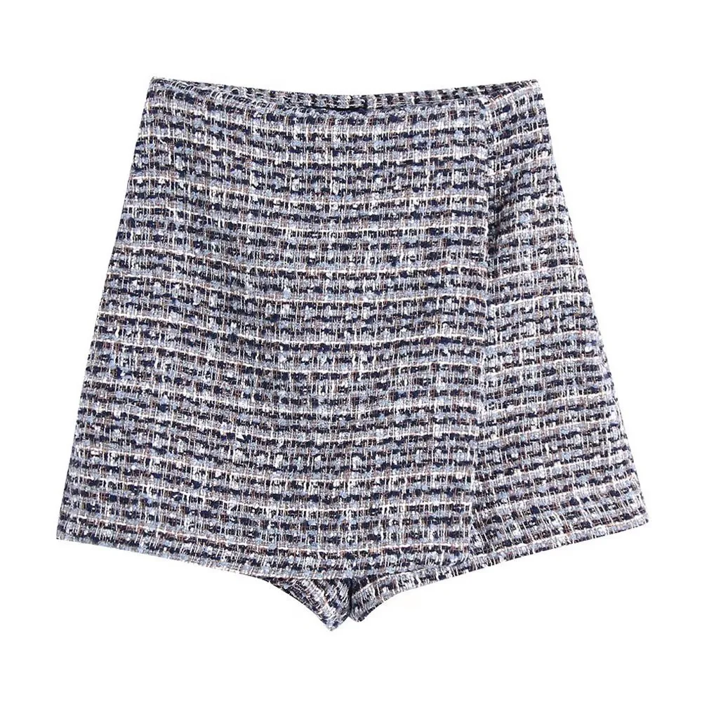 

Women Chic Fashion Tweed Shorts Vintage Skirts High Waist Side Zipper Women Skirts Mujer