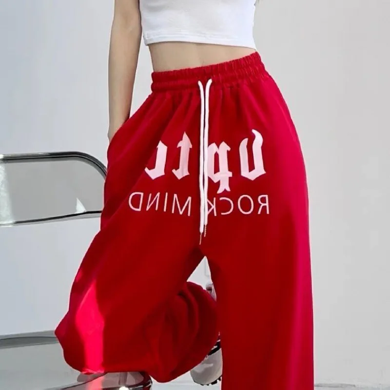 

European and American Style Hiphop Jazz Red Sports Casual Jogger Pants Hip Hop Letter Wide Leg Sweatpants Women's High Waist