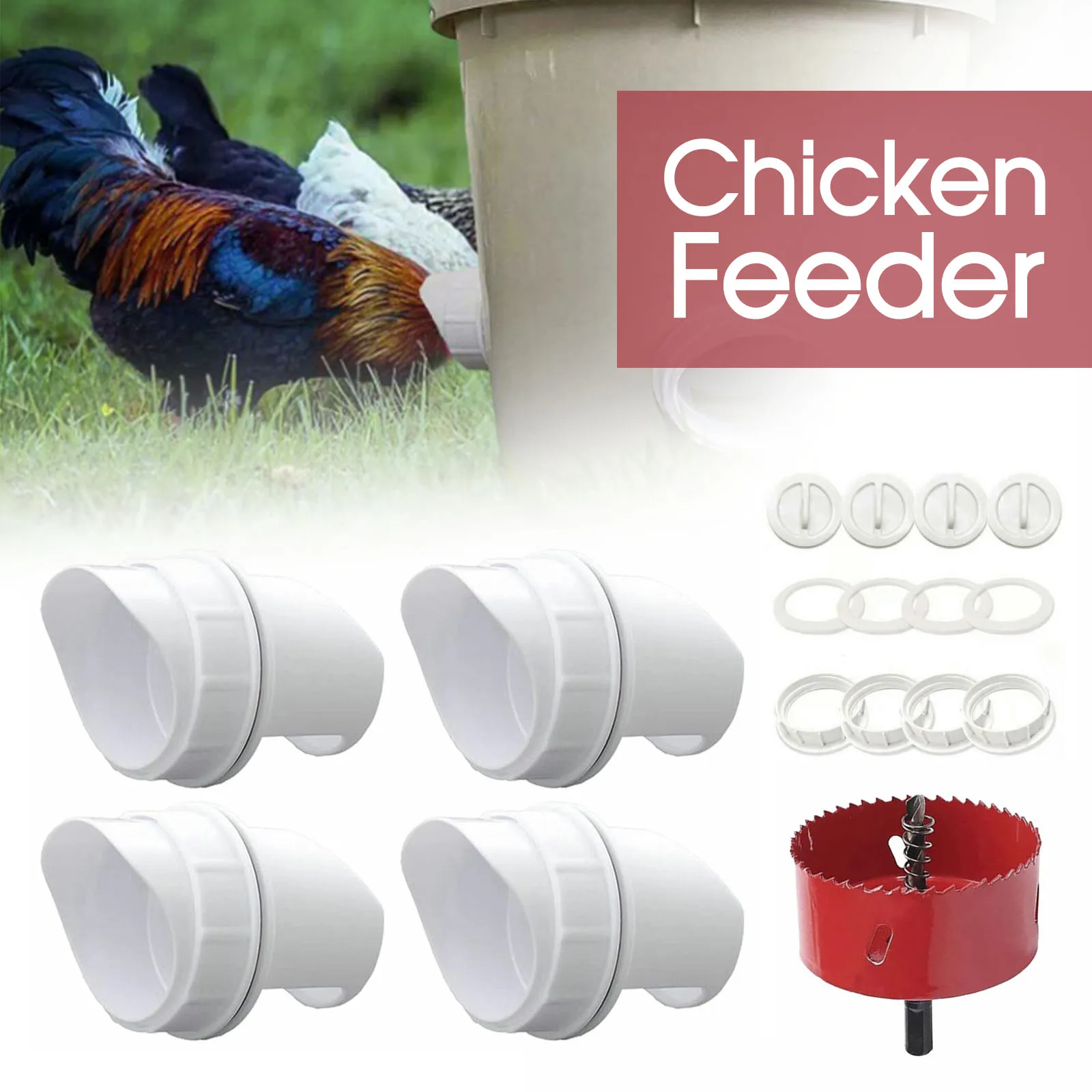 

Chicken Feeder Poultry Feeder DIY Port Gravity Feed Kit Rain Proof No Waste Ducks Hen Feeders For Buckets Barrels Bins Troughs