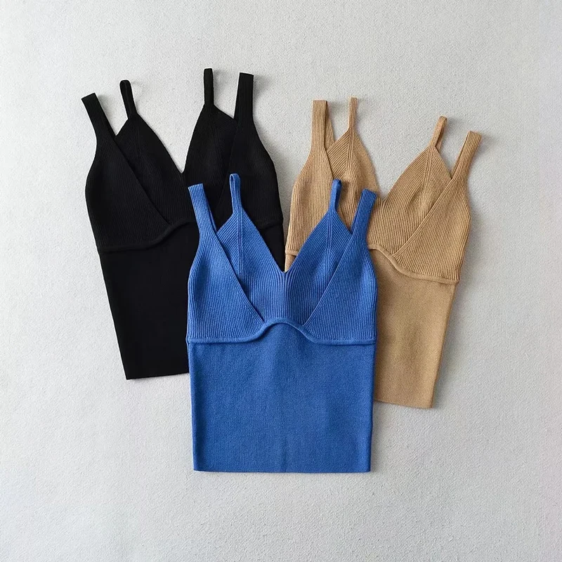 Женский трикотажный топ с двойными лямками и отделкой груди |