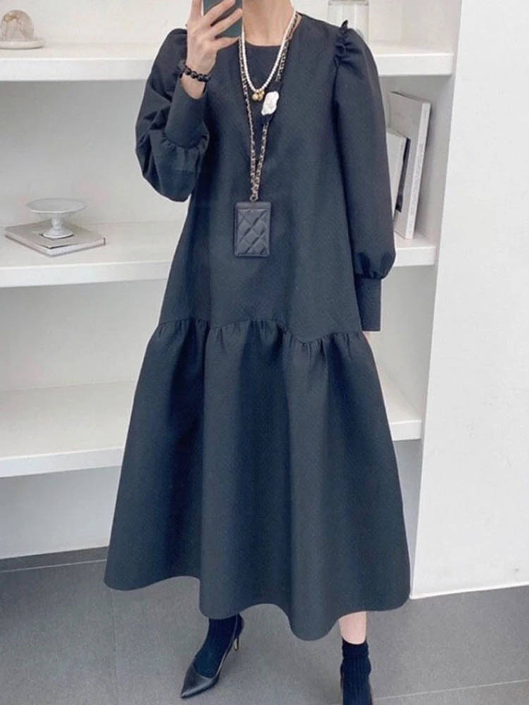 Женское длинное свободное платье [EWQ] корейское шикарное однотонное с круглым