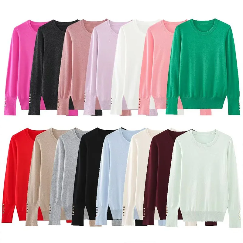 

European Autumn And Winter Women's 2023 New Casual Round Neck Basic Pullover Knit Sweater Short Jumper Slim Tops