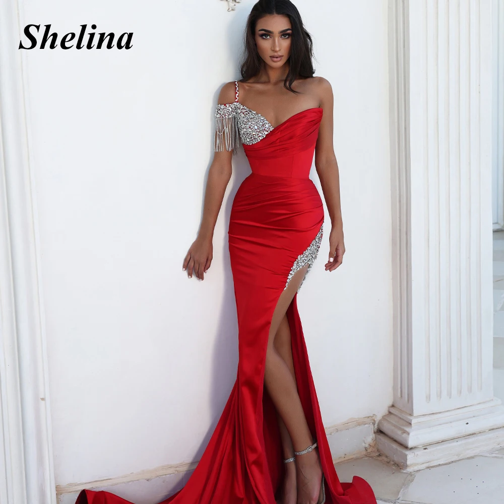 

Shelina Charming Sweetheart Homecoming Dresses Pleat Off the Shoulder Crystal Tassel Split Trumpet Vestido De Noite Custom Made