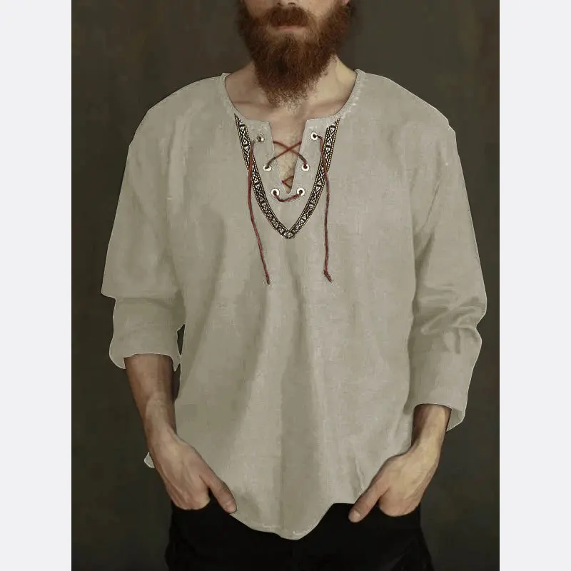 Mattswag Mens Solid Cotton V Neck Embroidery Shirts Fashion Lace Up Pullover Men's Clothing Casual Handsome Shirts Camisa Hombre