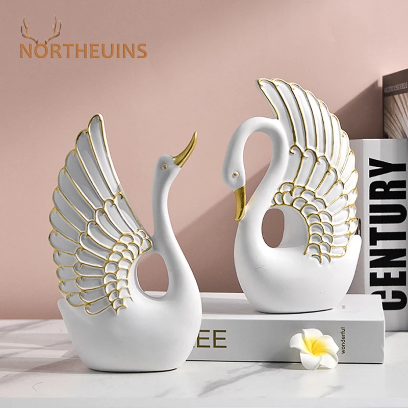 

NORTHEUINS Resin Nordic Couple Swan Figurines Interior Lover Cygnus Statue Home Living Room Bedroom Desktop Wedding Decoration