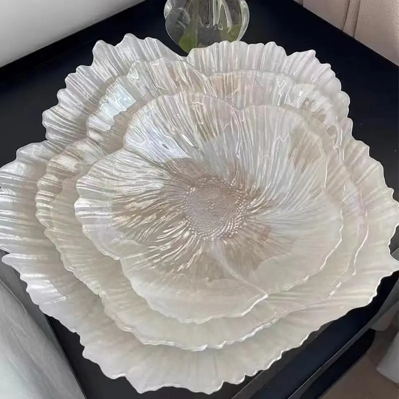 

Nordic Style Modern Flower Shape Fruit Plate Household Crystal Glass Pearlescent White Simple Snack Storage Plate Large Capacity
