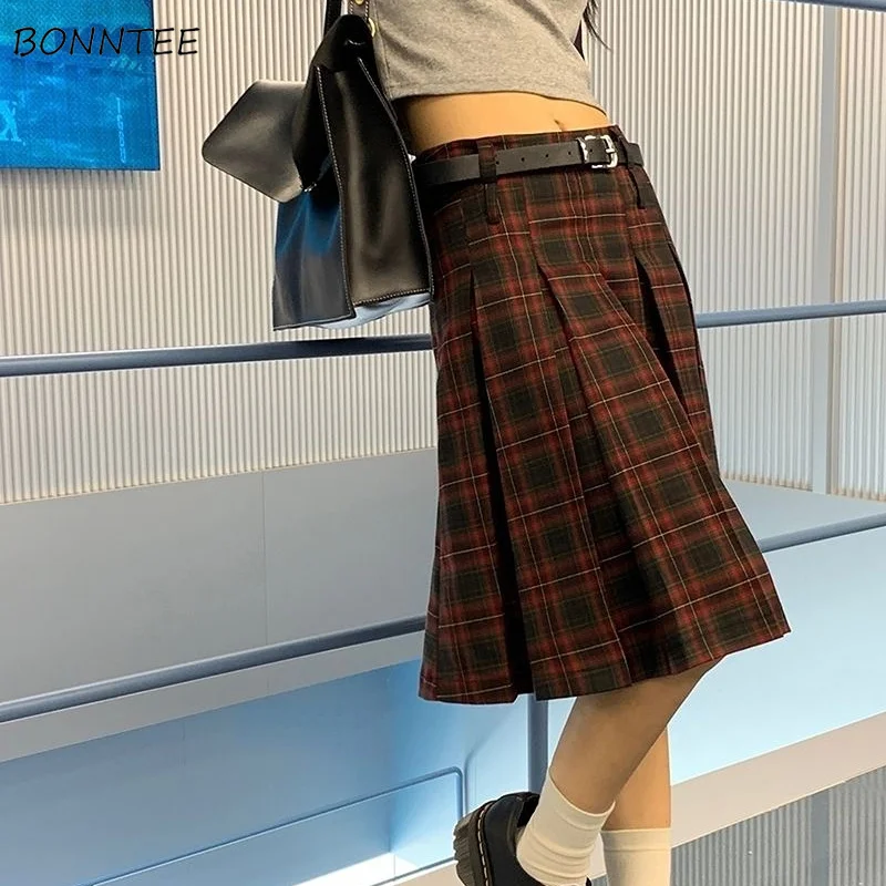

Pleated Skirts Women Plaid Knee-length Autumn Korean Fashion Preppy Style All-match Casual Students Vintage Literary Low Waist