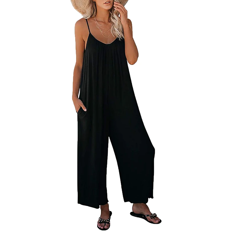 Women's Loose Sleeveless Jumpsuits Adjustable Spaghetti Strap Stretchy Long Pant Romper Jumpsuit with Pockets
