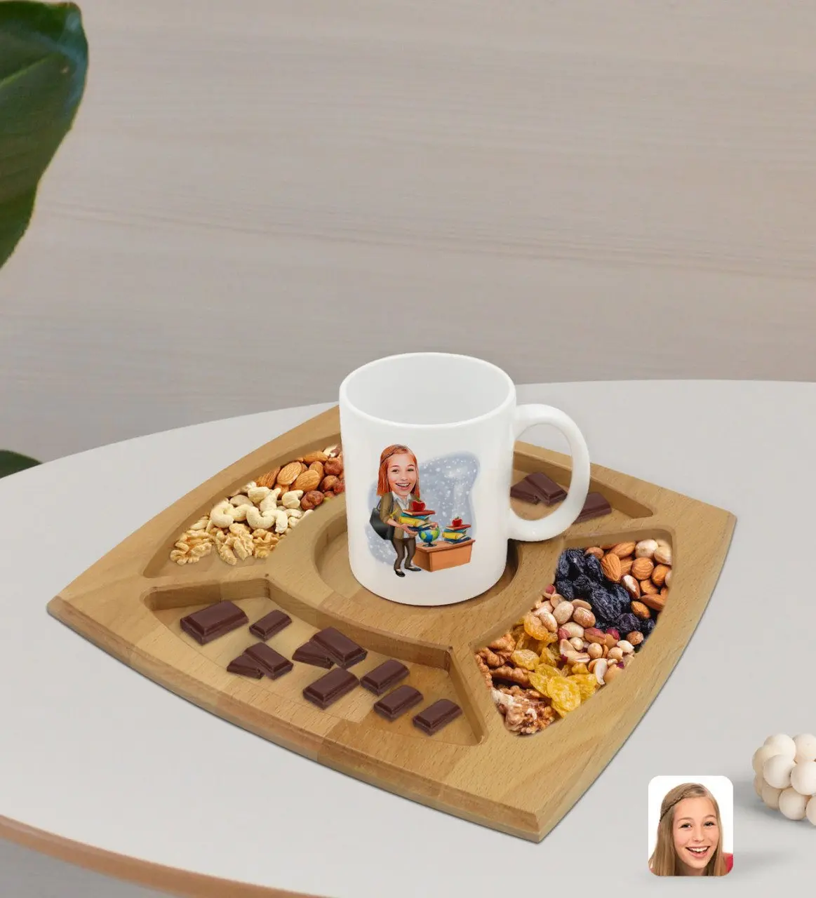 

Персонализированная белая кружка для преподавателя карикатуру и натуральная Массив дерева, 4 отделения, презентация, табурель, кондитерски...