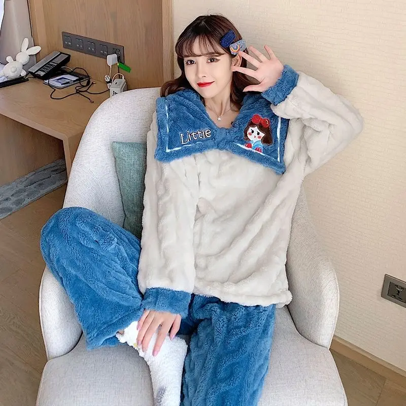 

Fashion Trend Cute Long-sleeved Loose Simple Pajamas Coral Velvet Plus Velvet Thickened Autumn and Winter New Pajamas