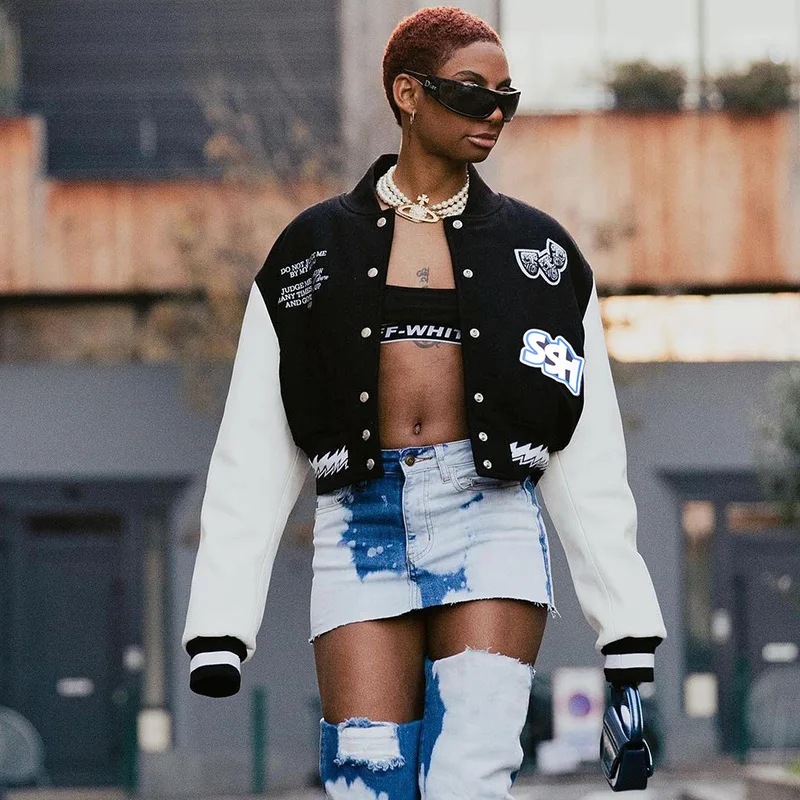 

Autumn 2023 Single-Breasted Baseball Uniform Jacket Female Y2K Jacket Coat Letters Embroidery Pattern Long Sleeve Printed Jacket