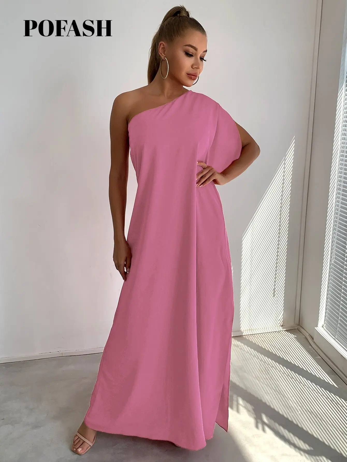 

Pofash One Shoulder Split Sleeve Maxi Dress
