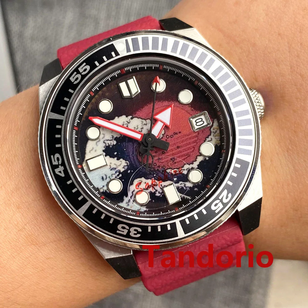 

43mm Sapphire Glass Red Waves Dial Stainless Steel Mens Watch for NH35A Movement Rubber Strap Rubber Strap Date Windown Luminous