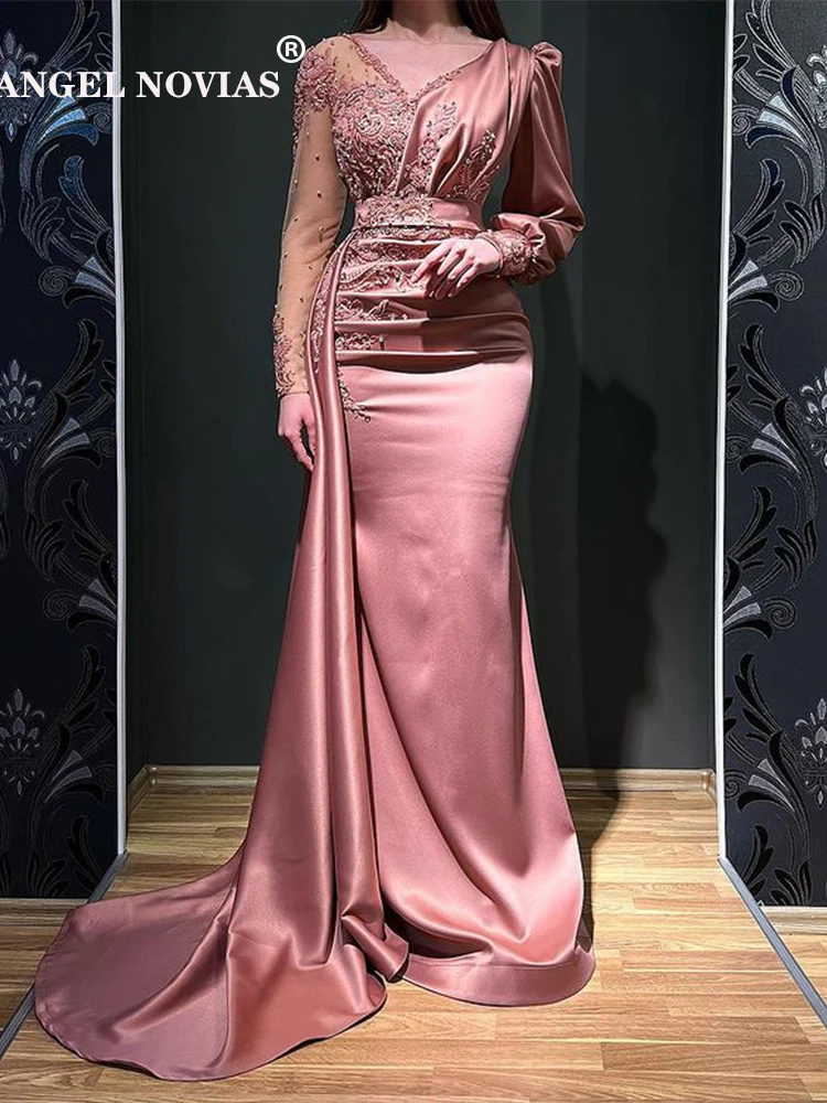

Женское вечернее платье-русалка, розовое платье с длинным рукавом и V-образным вырезом, платье для выпускного вечера
