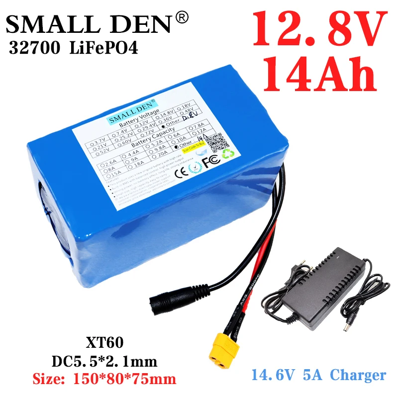 

12.8V 14Ah 32700 Lifepo4 Rechargeable Battery Pack 12V 14Ah Children's Toy Car Sprayer Monitor 12V Backup Power+14.6V 5A Charger
