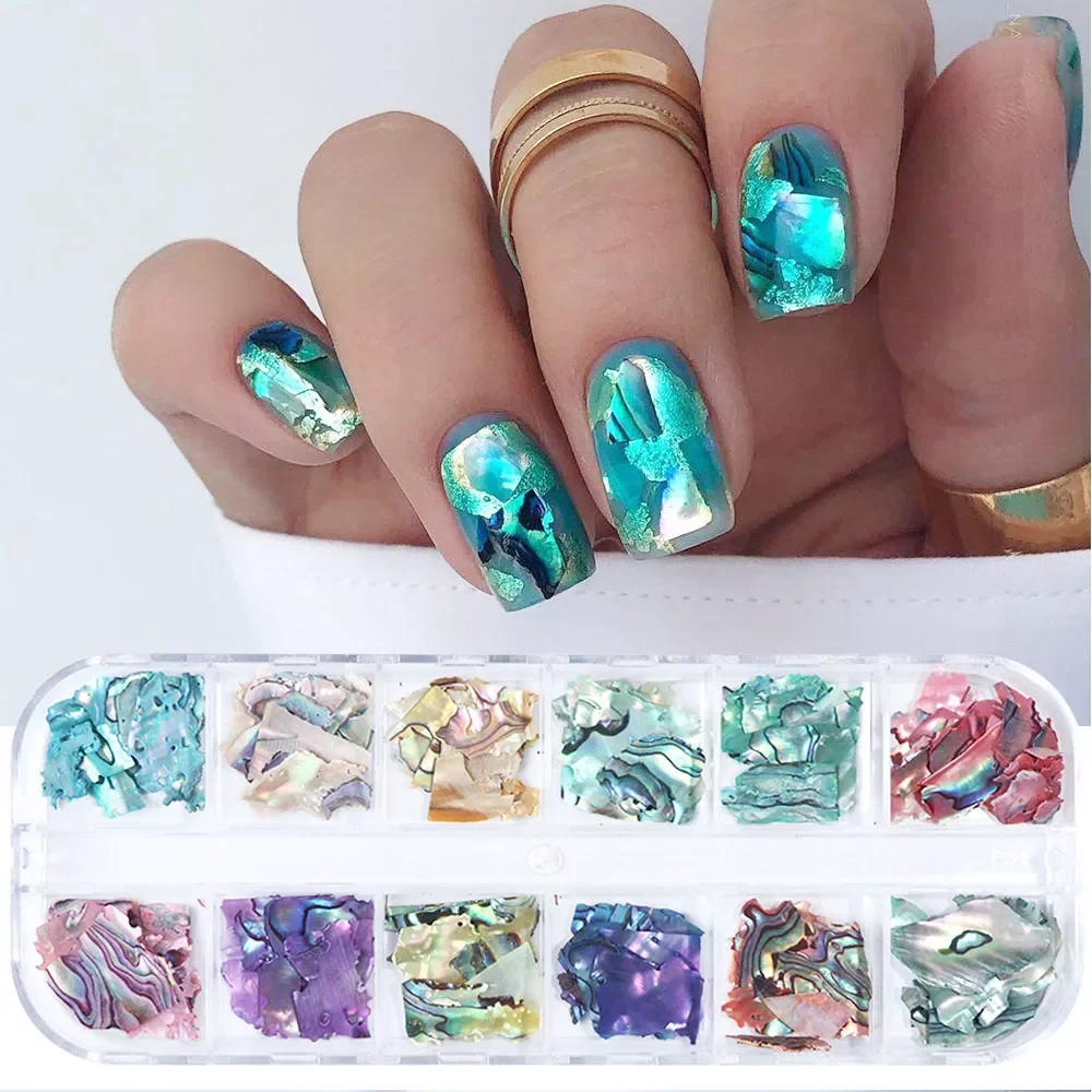 

2022New Abalone Shell Nail Art Glitter Natural Sea Shell Slices Nail Charms Flake Powders Shiny Sequins Manicure Design FBBY