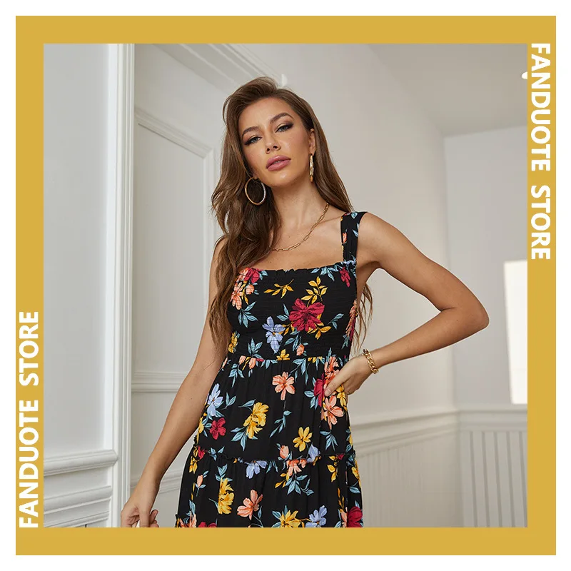 

2022 Square Collar Floral Slip Dress Elegant Dress
