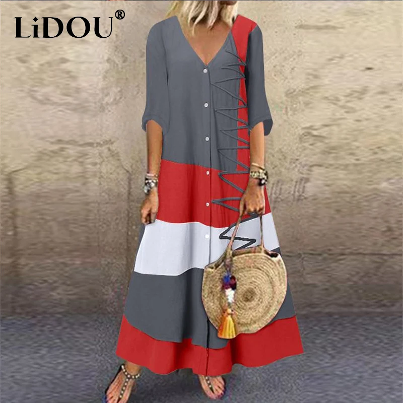 

Summer Contrast Color V-neck Half Sleeve Casual Dresses Women Floral Printing Loose Oversize Maxi Dresses Fashion A-line Skirt