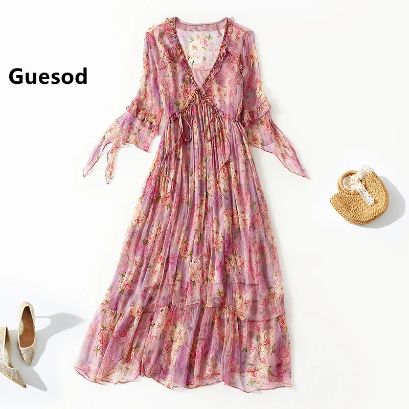 

Модное женское шелковое платье Guesod высокого качества, женское летнее тонкое элегантное платье средней длины с цветочным рисунком, новинка ...