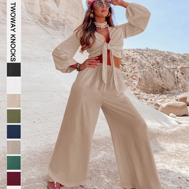 

Комплект из 2 предметов, модный кардиган, топ с завязкой, футболка с длинным рукавом, брюки с широкими штанинами, костюм из двух предметов, женская одежда на весну и осень