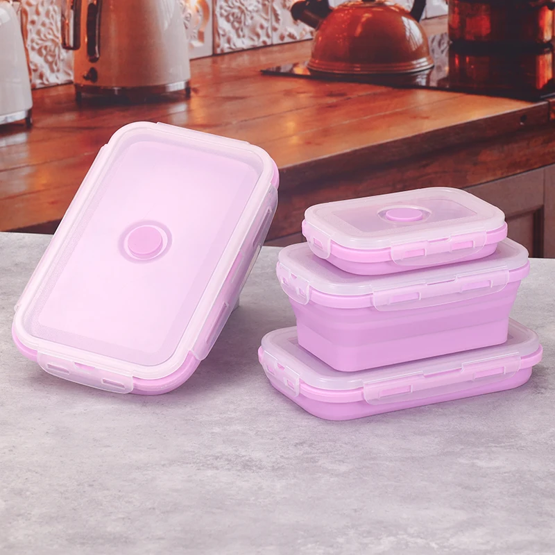 

Purple Folding Silicone Lunch Box Easy To Clean High Temperature Resistant Reusable Oven Heating Portable Storage Container