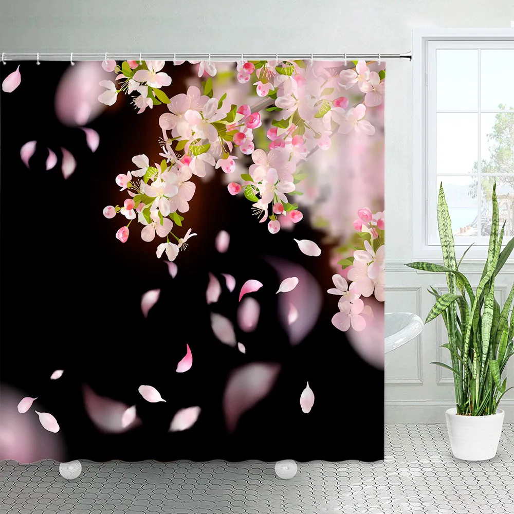 

Штора для душа с розовыми цветами, тканевая декоративная занавеска для ванной комнаты, с цветами вишни и зелеными листьями, с растениями и ц...